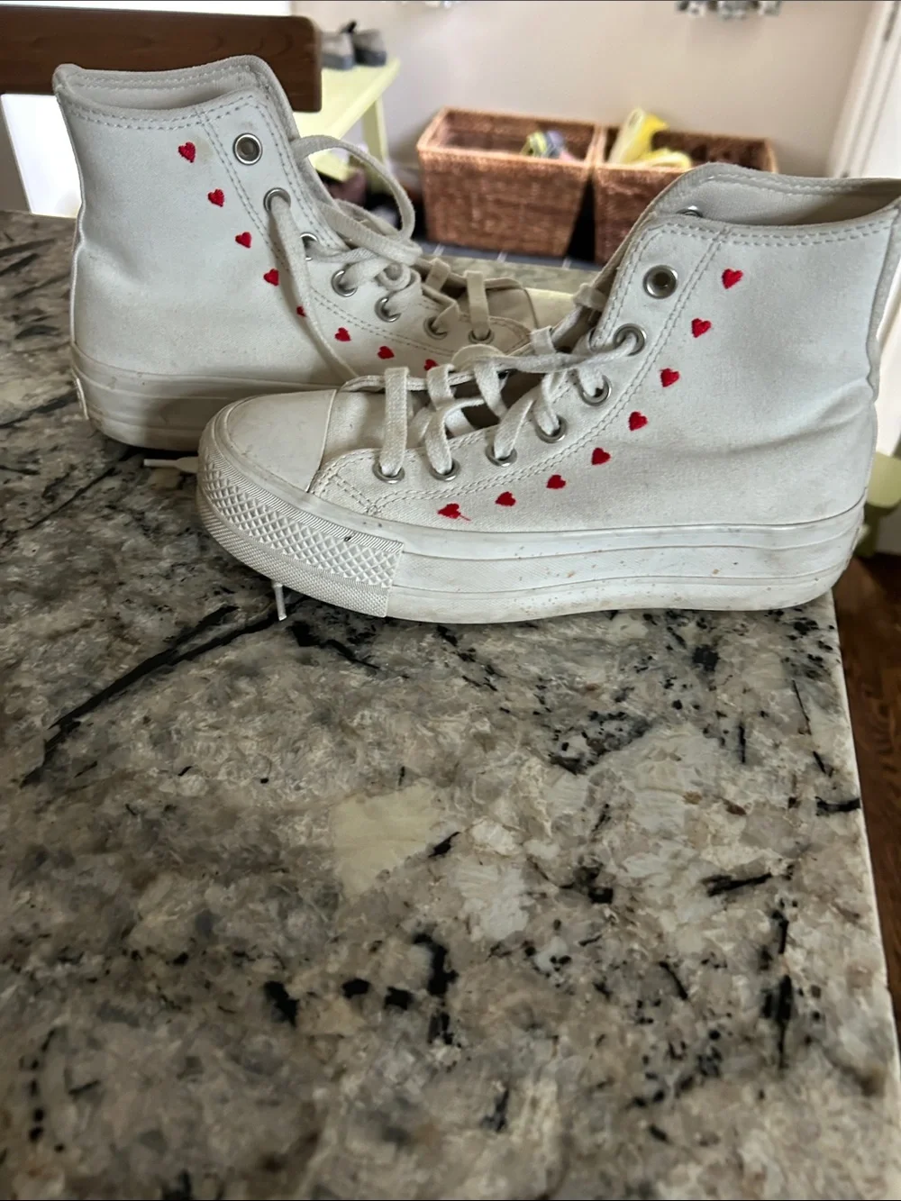 Converse White High Top Sneakers with Red Heart Accents